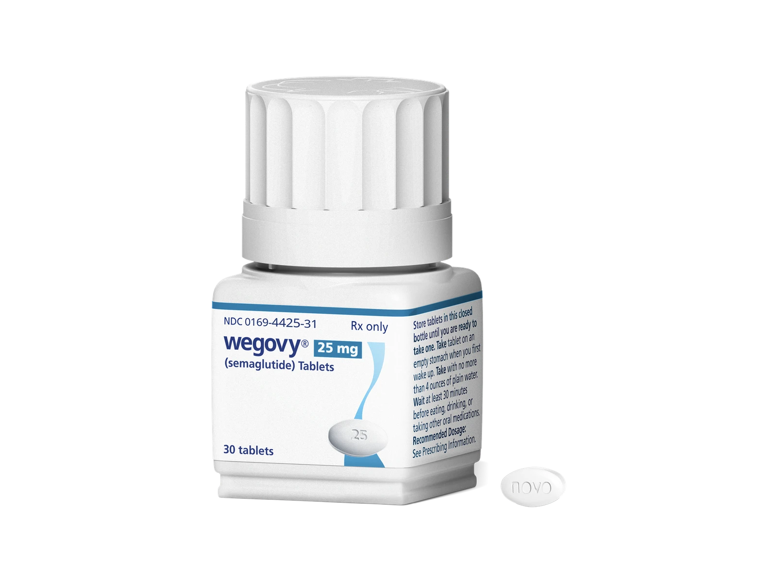 Bottle of Wegovy (semaglutide) tablets with a tablet beside it