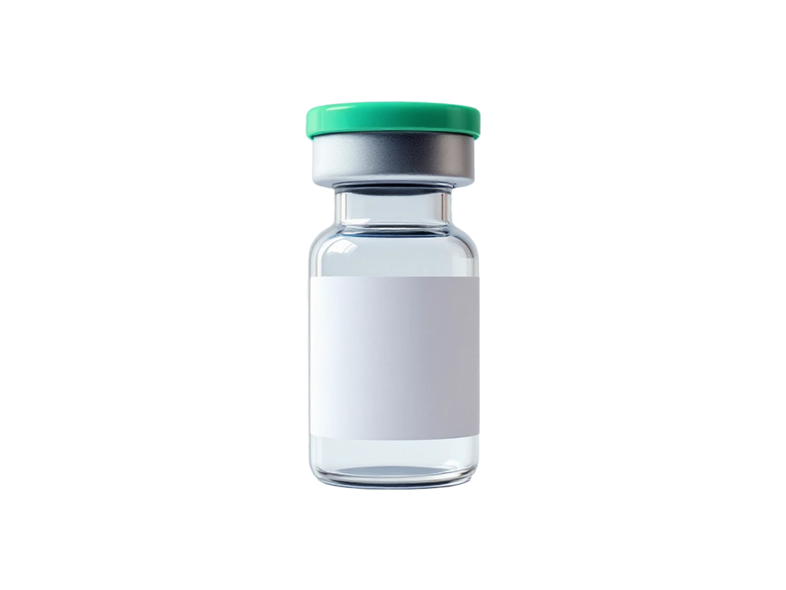 Illustration of a glass medication vial with a green cap and a blank label, representing compounded tirzepatide