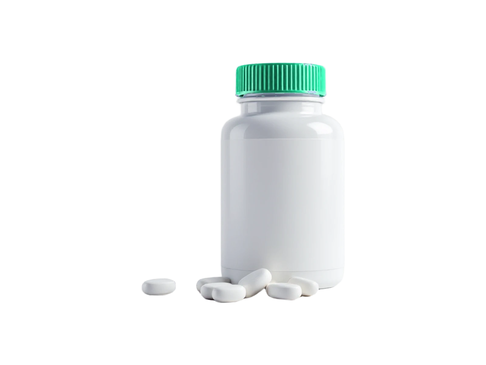 Illustration of a white pill bottle with a green cap and a few white tablets beside it