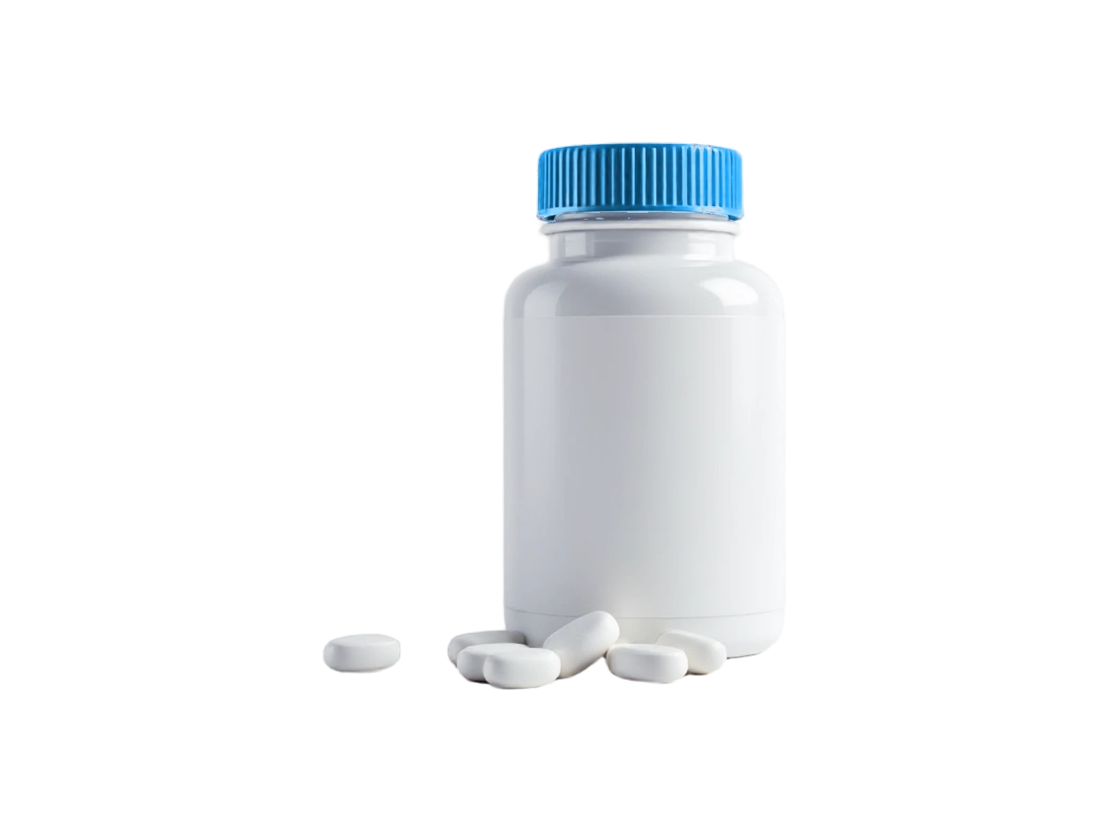 Illustration of a white pill bottle with a blue cap and a few white tablets beside it