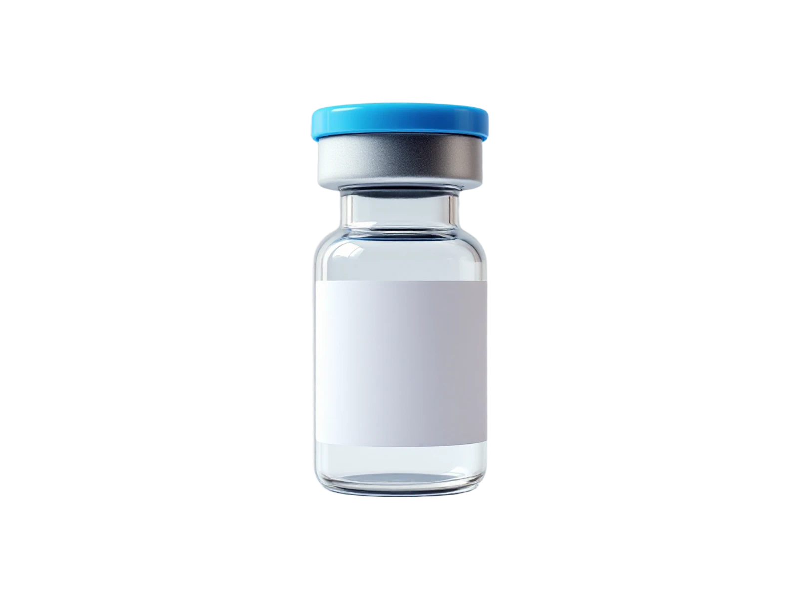 Illustration of a glass medication vial with a blue cap and a blank label, representing compounded semaglutide