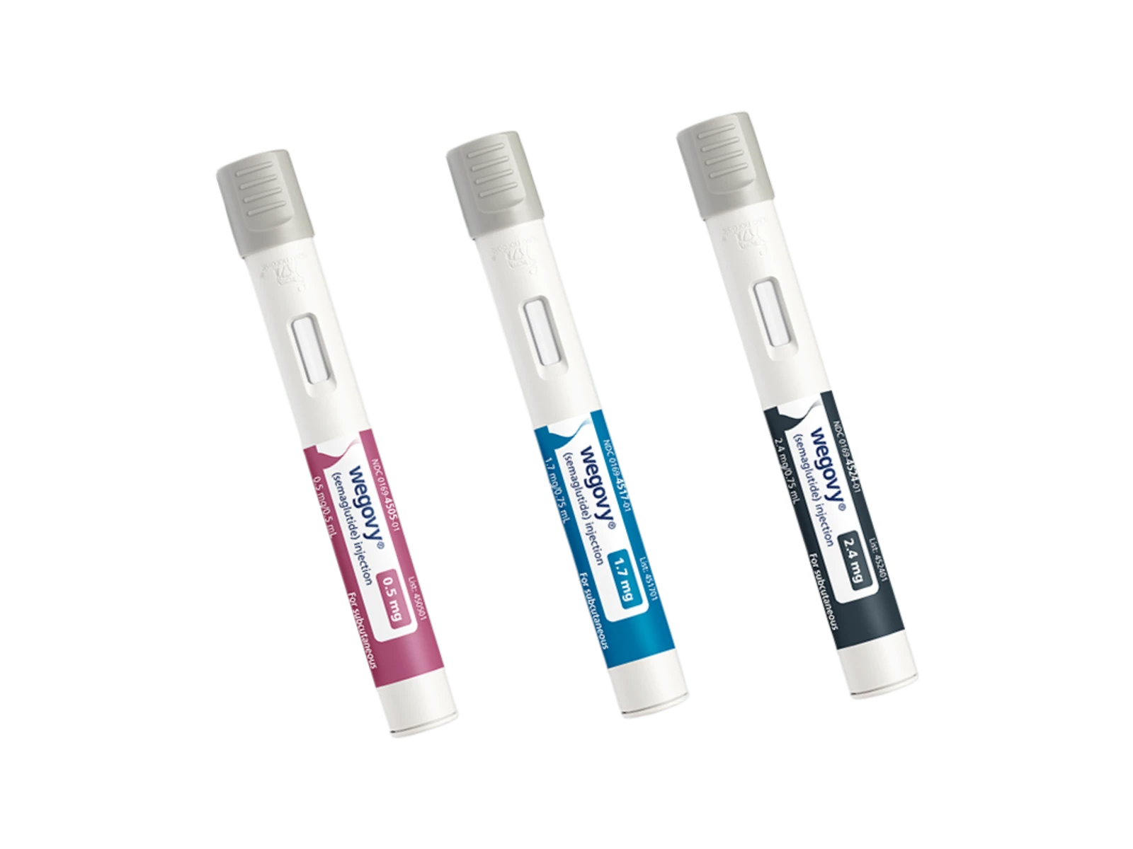 Three Wegovy (semaglutide) injection pens in different strengths